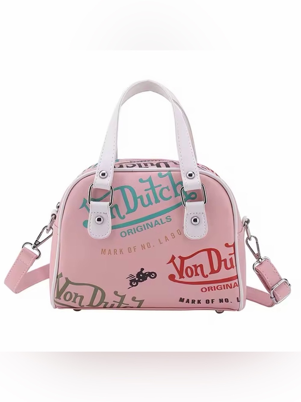 New designer inspired Pink Logo Dome Satchel with White Handles